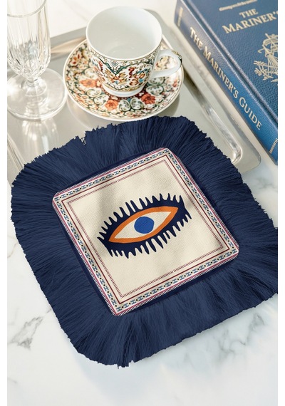 Modern Nazar Göz Motifli Saçaklı Sunum Peçetesi - Etnik Stil Lacivert Krem Kahve Yanı Sunum Mendili Çok Renkli