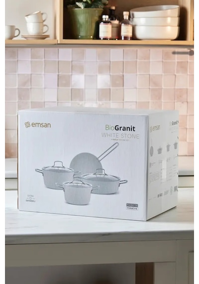 Emsan Biogranit White Stone 7 Parça Tencere Ve Tava Seti Beyaz