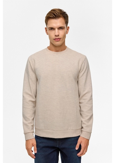 Süvari Bol Kesim O Yaka Melanj Desenli Waffle Sweatshirt Kahve