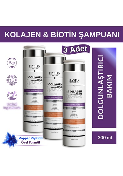 Elysian Essence Kolajen Collagen & Biotin & Hyaluronic Acid Şampuanı 3 Adet Copper Peptidli Nemlendirici, Dolgunlaştırıcı, Besleyici Bakım 300 Ml Tüm Saç Tipleri Elysian Essence Kolajen Collagen & Biotin & Hyaluronic Acid Şampuanı 3 Adet Copper Peptidli Nemlendirici, Dolgunlaştırıcı, Besleyici Bakım 300 Ml Tüm Saç Tipleri