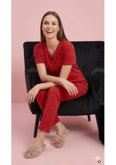 Sleeproom Yazlık Kırmızı Kalp Desenli Kısa Kol Penye %100 Pamuk Pijama Takım Kırmızı Siyah Kalp