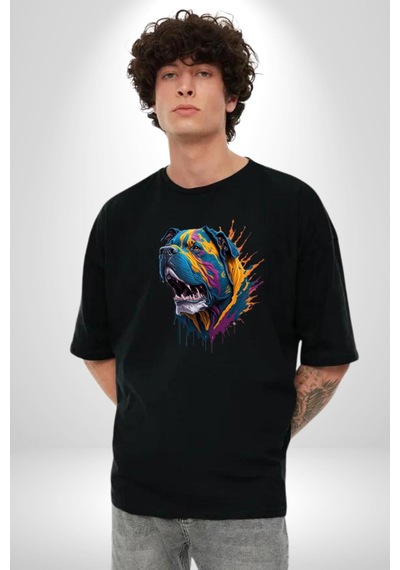 Köpek Saint Bernard Havlama Pamuklu Bisiklet Yaka Unisex Oversize Boyfriend Dijital Baskılı Siyah T-shirt Siyah