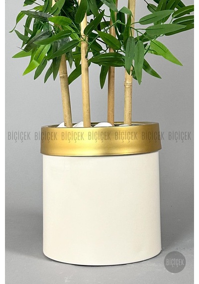 Yapay Bambu Ağacı 140cm Krem Gold Metal Saksıda Krem-gold