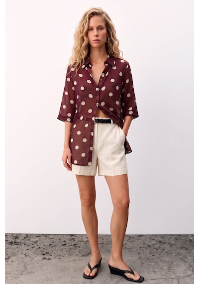 Sateen Puantiye Desenli Gömlek - Bordo-137750