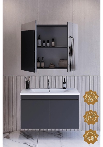 Teta Home Tokyo 65 Cm Mdf Banyo Dolabı Seti Antrasit Çok Renkli