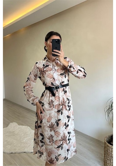 Neşeli Butik Kadın Desenli Gömlek Yaka Midi Elbise Nm011 Bej