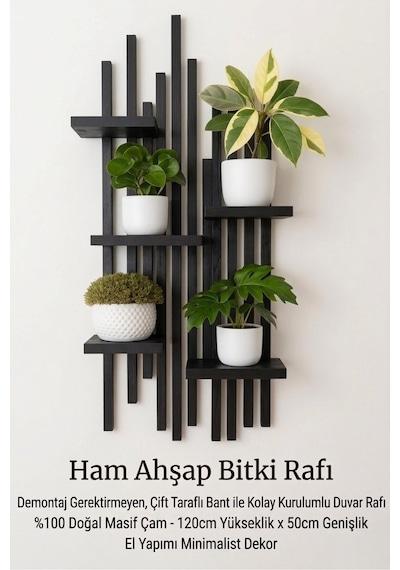 Woodstore Dekoratif Masif Ahşap Duvar Rafı - 120x50 Cm Delmesiz Kurulum Bitki Standı Çiçeklik Siyah