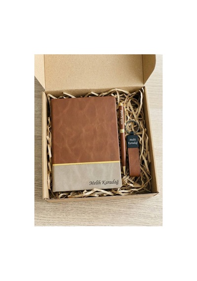 Kişiye Özel Ajanda Set Vıp Defter & Kalem & Anahtarlık Set - Kahverengi - Taba Kahverengi Kahverengi