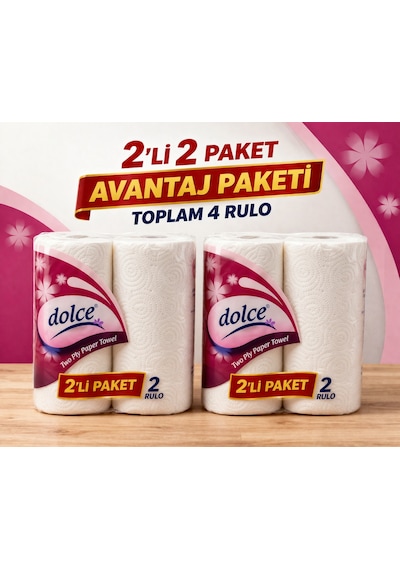 Dolce Çift Katlı Kağıt Havlu 2'li Rulo 2 Paket Yüksek Emicili Çok Amaçlı Kağıt Havlu Beyaz