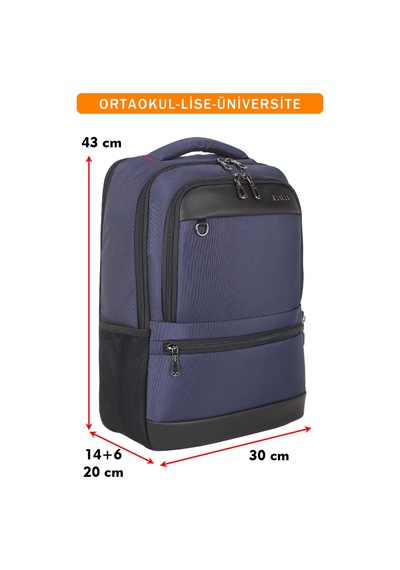 Körüklü Lacivert Okul Sırt Çantası Lise Universite Unisex Su Geçirmez Kumaş 14"-15,6" İnç Lacivert