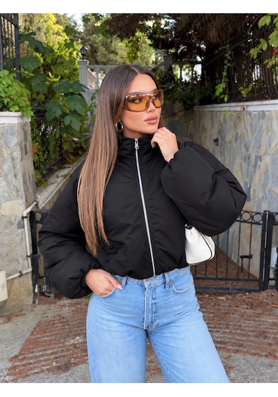 Unika Boutique Kadın Dik Yaka Fermuarlı Crop Şişme Bomber Mont Çok Renkli