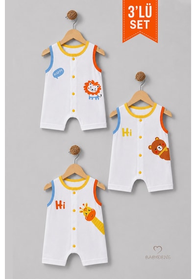 Babyden's Erkek Bebek Şortlu Tulum 3'lü Set % 100 Pamuklu Kolsuz Çıtçıtlı Yazlık Safari Baskılı Yenidoğan Bebek Tulumu Çok Renkli