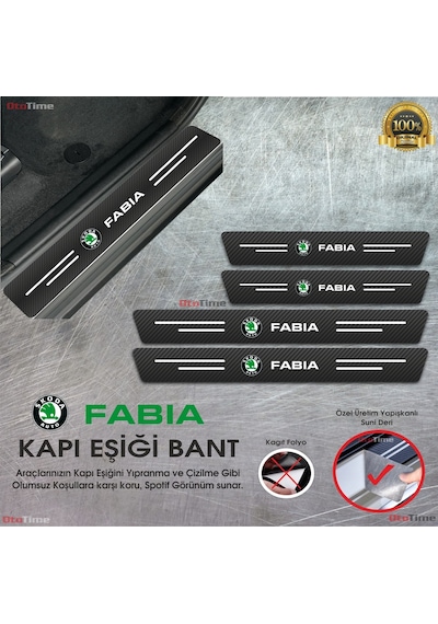 Skoda Fabia Logolu Karbon Kapı Eşiği Koruyucu Suni Deri 4'lü Set