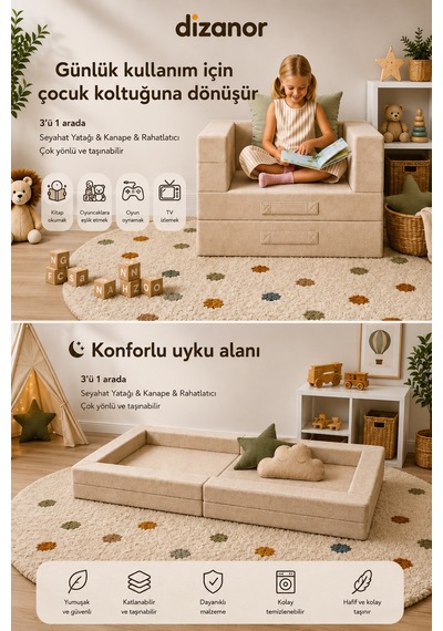 Cozygo Katlanabilir Çocuk Koltuğu Ve Yatağı 3 Ü 1 Arada Antislip Tabanlı Taşınabilir Oyun Alanı Gri