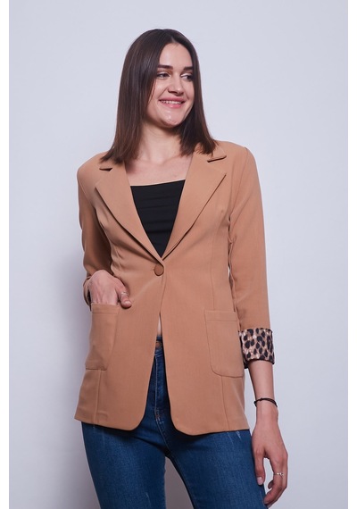 Jument Yakalı Cepli Uzun Kol Kolu İsterse Katlanabilen Kumaş Blazer Ofis Ceket-camel