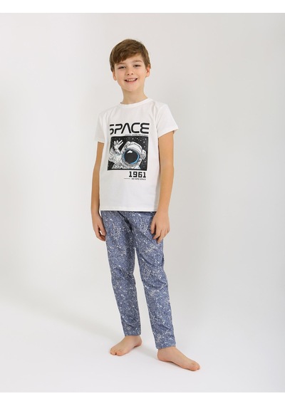 Vitmo Erkek Çocuk Kısa Kollu %100 Pamuklu Pijama Takımı Go Space Ekru
