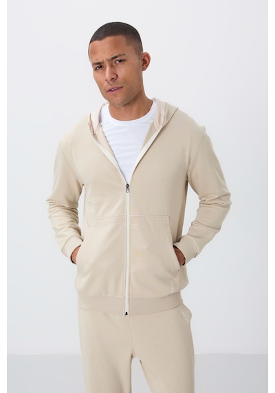 Tommy Life Bej Kompakt Pamuklu Kalın Pürüzsüz Dokulu Kapüşonlu Comfort Fit Erkek Eşofman Takım - 85262 Bej