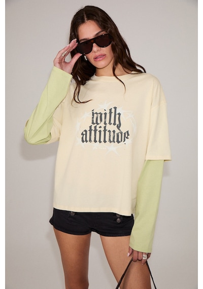 Grımelange Rıvossa Kadın Taş Baskılı Uzun Kollu Bej-yeşil T-shirt