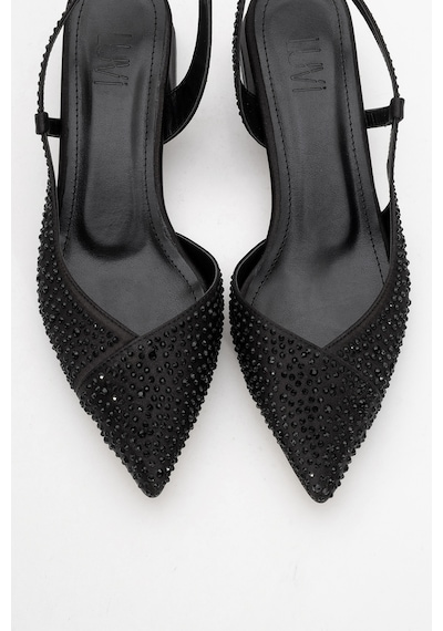 Luvishoes Luvi Shoes Sella Siyah Saten Taşlı Kadın Kısa Topuklu Ayakkkabı Siyah