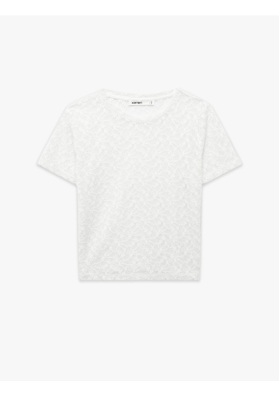 Koton Yarı Transparan Slim Fit Kısa Kollu Dantel Crop Tişört Beyaz 6sak50397ek