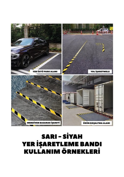 Sarı Siyah Yer İşaretleme Bandı Yapışkanlı Şerit Bant İkaz Bandı Çizgili Bant