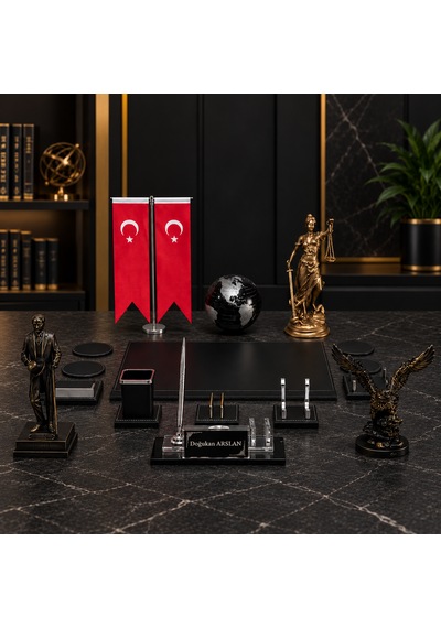 16 Parça Kristal Masaüstü İsimlik Ve Ofis Seti Atatürk, Kartal, Adalet Heykeli Ve Türk Bayraklı Siyah - Gold