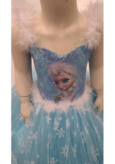 Okay Kız Çocuk Tarlatanlı Simli Frozen Abiye-8076-mavi Mavi