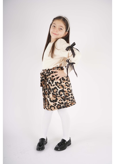 Miniko Kids Kız Çocuk Leopar Cep Model Etekli Kol Detaylı Takım Ekru