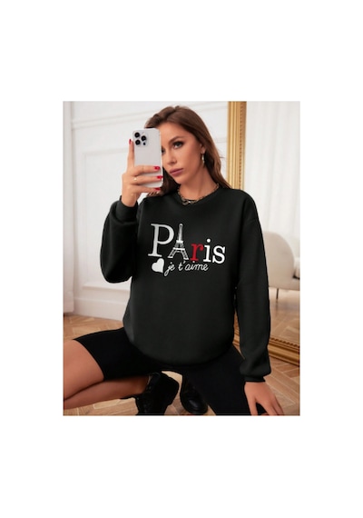 Magors Stıl-x Bisiklet Yaka Pamuklu Siyah Renk, Paris Baskılı Oversıze Sevgiliye Özel Sweatshırt Siyah Magors Stıl-x Bisiklet Yaka Pamuklu Siyah Renk, Paris Baskılı Oversıze Sevgiliye Özel Sweatshırt Siyah