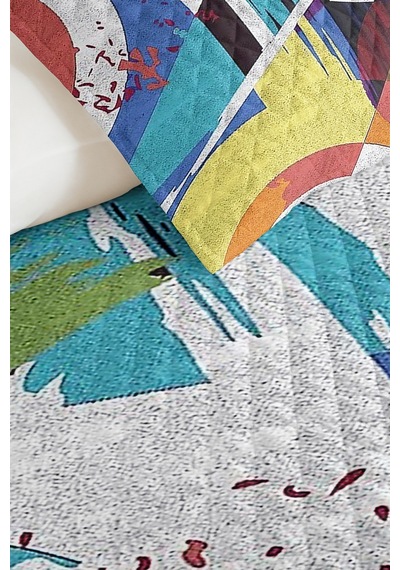 Geometrik Renkli Genç Odası Tek Kişilik Pike Takımı - Soyut Turkuaz Mor 160x220 Cm Yatak Örtüsü Kırsal Kireç Serinliği
