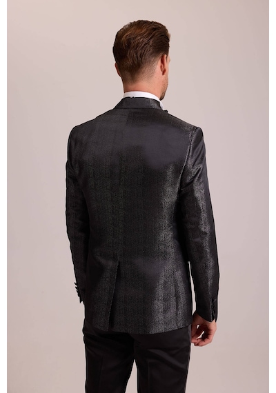 Ysf Erkek Siyah Slim Fit Kırlangıç Yaka Desenli Damatlık