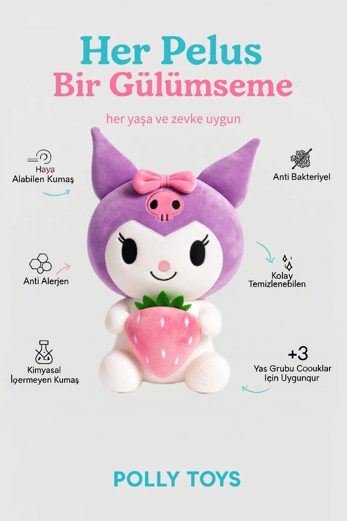 Kuromi Pembe Çilekli 40 Cm Tatlı & Hediye Edilebilir Oyuncak Açık Mor