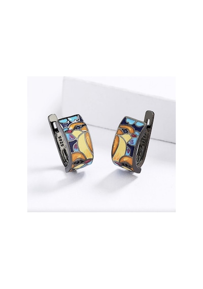 Glaze Bird El Yapımı Emaye 925 Ayar Gümüş Özel Tasarım Siyah Spinel Kuş Etnik Küpe Turkuaz - Gri