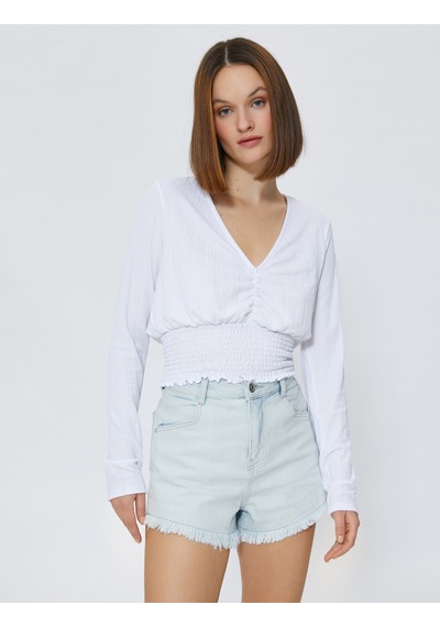 Koton Gipeli Crop Bluz V Yaka Uzun Kollu Beyaz 3sak80105ek