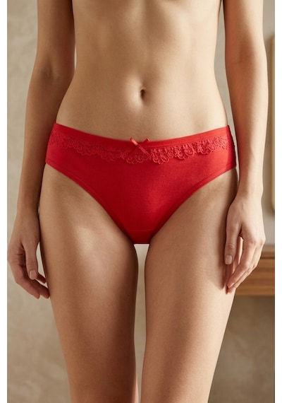 Mataş Kadın 6'lı Paket Dantel Detaylı Pamuklu Bikini Külot Esnek İz Yapmaz Yumuşak İç Çamaşırı Kırmızı