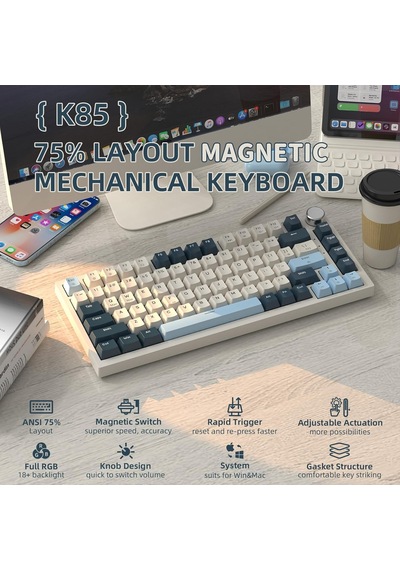 K85 Mekanik Klavye 75% Kompakt Tasarım, Manyetik Anahtarlar, Ayarlanabilir Tepki Süresi, Rgb Işık, Döner Kontrol Tuşu, Dks/mt/tgl Destekli, Pc/mac Uyumlu - Blue