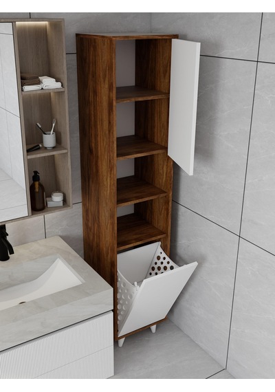 Riva Çamaşır Sepetli Banyo Dolabı Amalfi-beyaz Renk Kahverengi