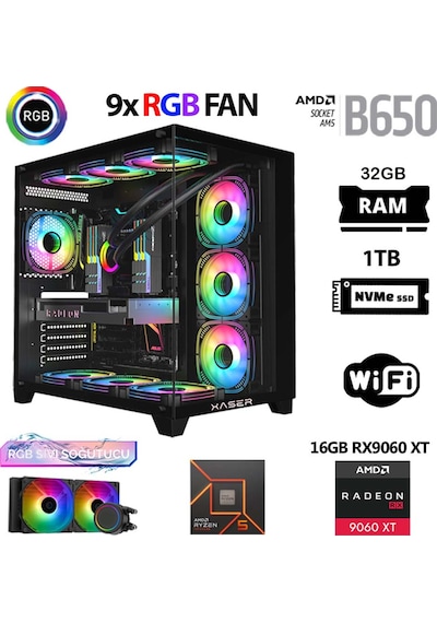 Xaser Lexus X760 R5-7500F 32 GB 1 TB M.2 NVMe SSD 16 GB RX9060XT Free Dos Masaüstü Oyuncu Bilgisayarı