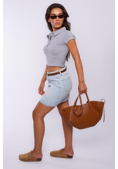 Grimelanj Polo Yaka Basic Kadın Tişört Mg2455 Gri Melanj