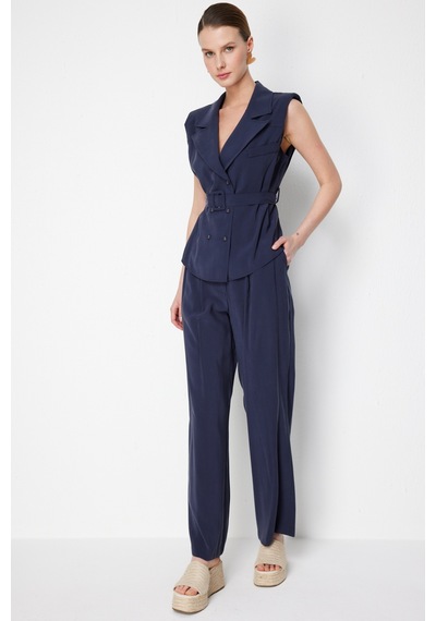 On Kadın Pile Detaylı Bol Paça Pantolon 74909 Indigo Indigo