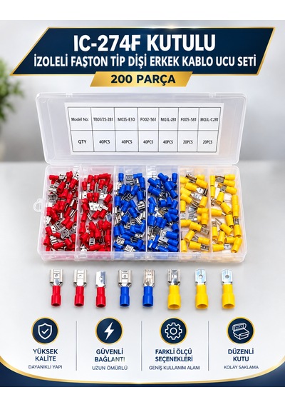 200 Parça Faston Tip Erkek Dişi Kablo Terminali Seti