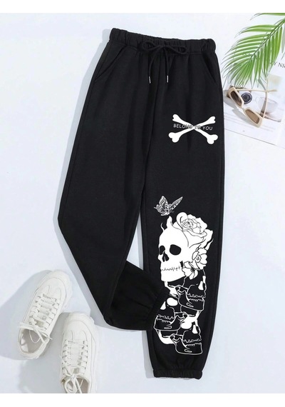 Halloween Skull Print Drawstring Waist 4 Mevsim Eşofman Siyah