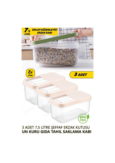 Multibox 7,5 Litre Sürgülü Kapak Çok Amaçlı Tablet Deterjan Erzak Saklama Kabı 3 Adet 7,5lt