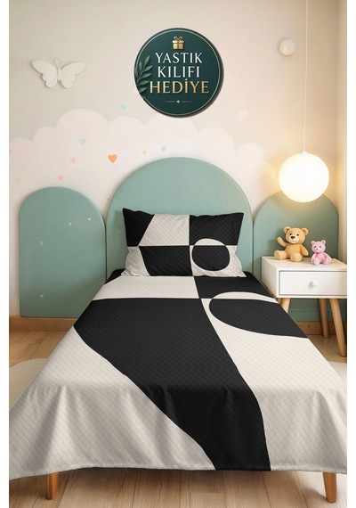 Siyah Geometrik Modern Tek Kişilik Pike Takımı - Beyaz Minimal 160x220 Cm Mevsimlik Yatak Örtüsü Ahenkli Güneş Tonu