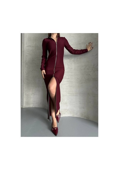 Asur Boutique Asur Butik Kadın Ottoman Kumaş Fermuarlı Uzun Elbise Bordo