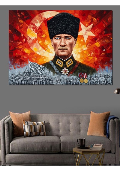Türk Bayrağı Ve Kalpak Başlıklı Mareşal Mustafa Kemal Atatürk Dekoratif Kanvas - Mdf Ahşap Tablo