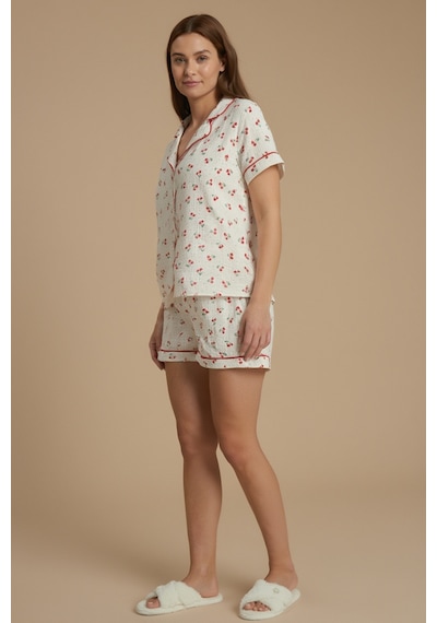 Cherry Ekru Biyeli Müslin Dokuma Şortlu Pijama Takımı Beyaz