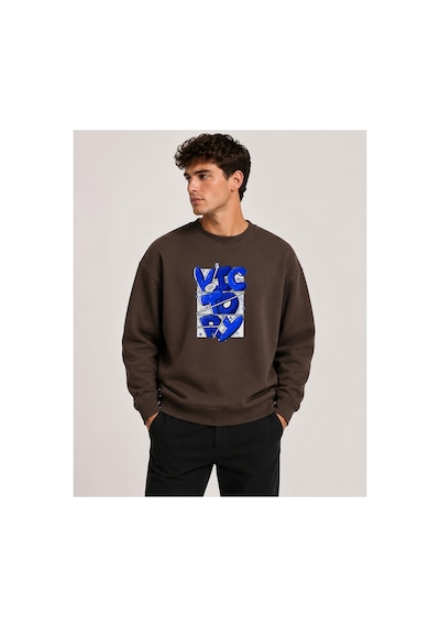 Herkesemoda Victory Baskı Detaylı Bisiklet Yaka Şardonlu 2 İplik Sweatshirt Kahverengi
