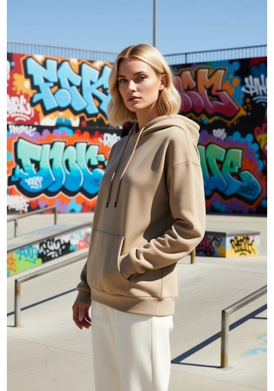Benerly Kadın Kapüşonlu Düşük Kol Oversize Sweatshirt Fonksiyonel Dayanık Vizon