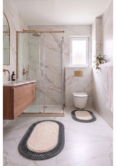 Banyo Paspası Takımı 60x100+40x60 Cm İç Trikot Bej & Antrasit Gri